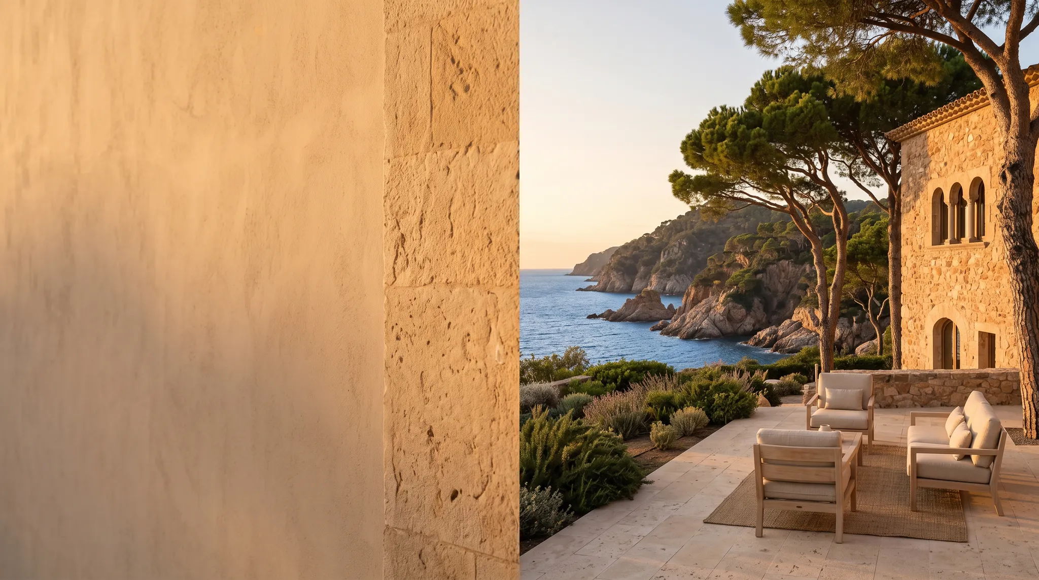 Terraza de hotel de piedra catalana con vistas a la Costa Brava