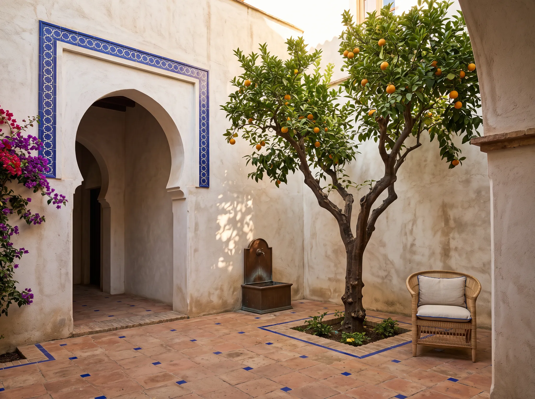 Patio de hotel andaluz con naranjos y azulejo azul