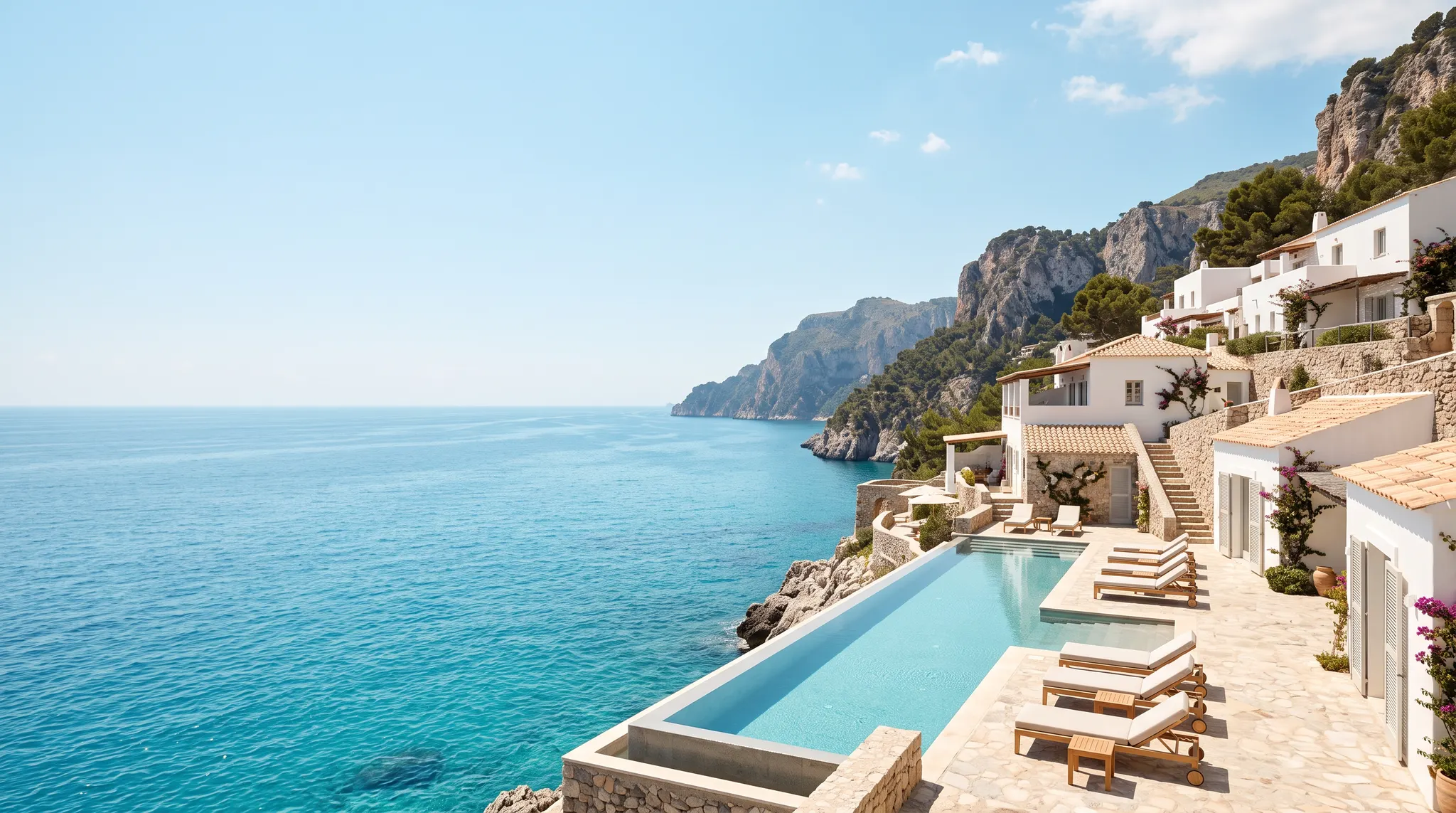 Mediterranean cliffside hotel and infinity pool overlooking the sea