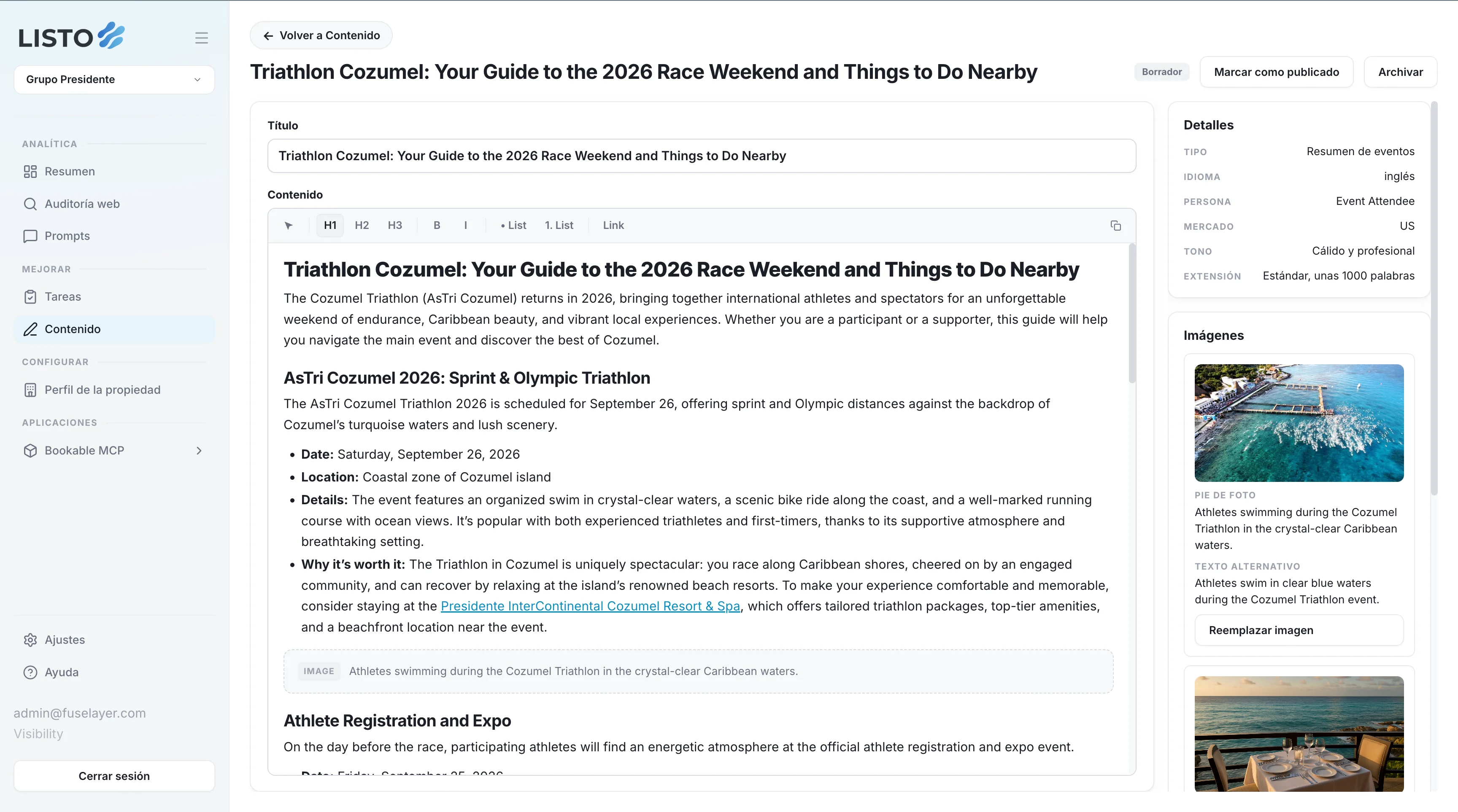 Listo editor showing a hotel-specific article built for AI readability